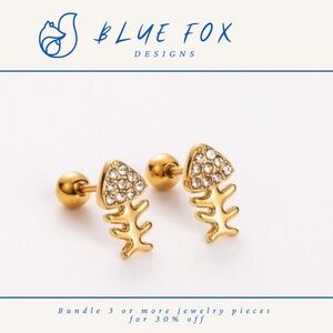 *NEW* 18K Gold Plated Stainless Steel Fish Bone Mini Studs w/ Cubic Zirconia